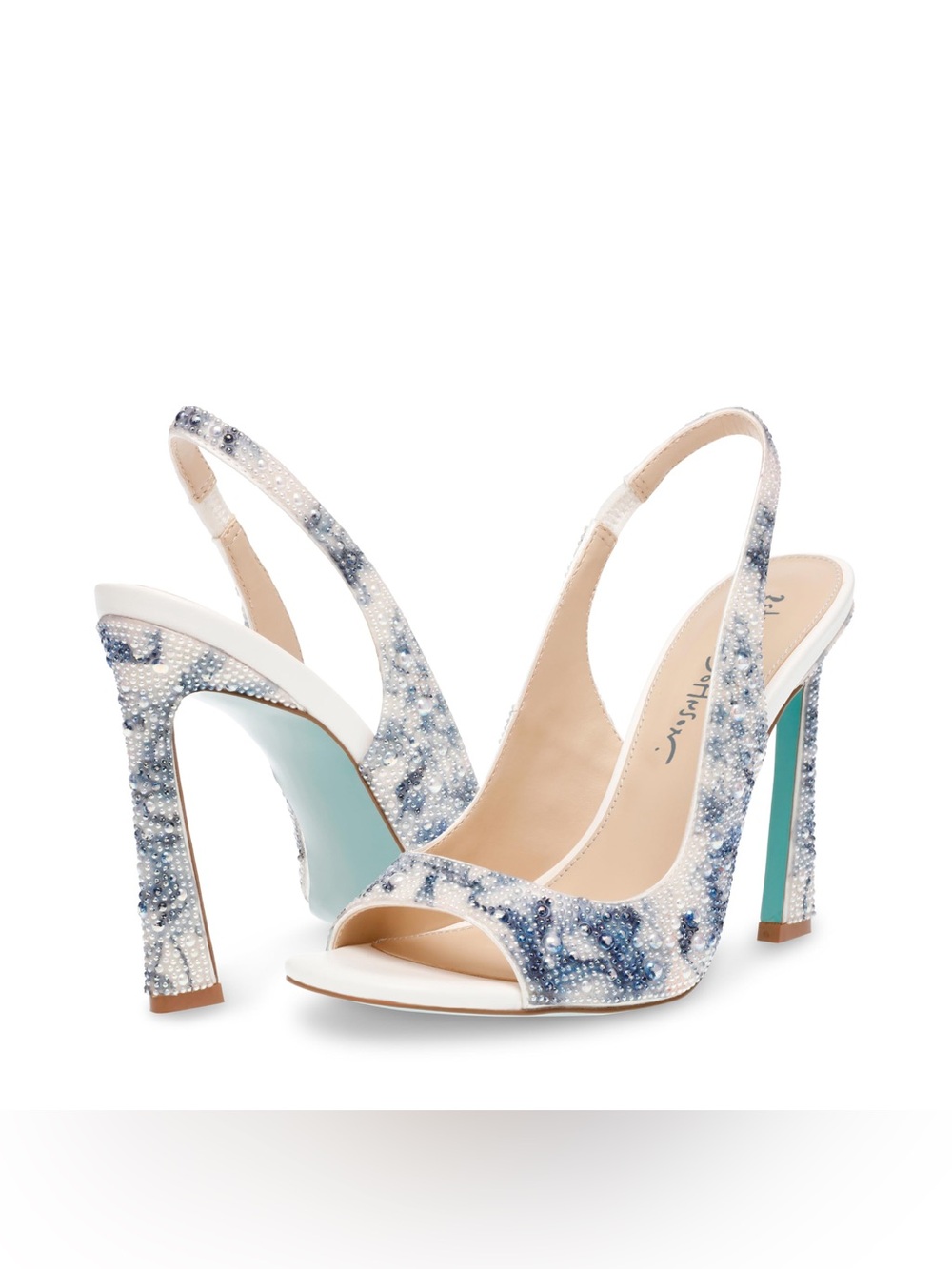 Betsey Johnson Women's Mina Heeled Sandal, Blue Floral, size 9.5